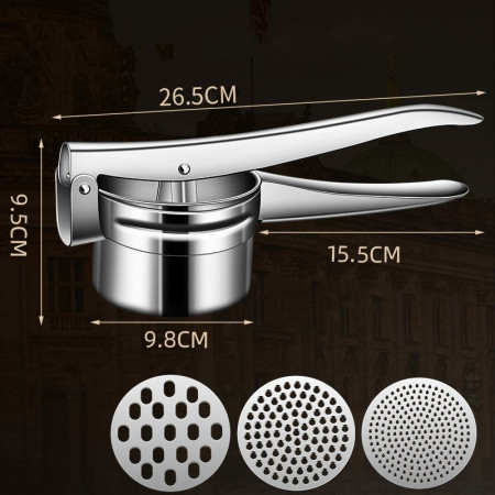 Presa Storcator pentru Fructe si Legume, Cyrax, Zdrobitor Manual, Inox, 3 Discuri Interschimbabile, Usor de Stors si de Curatat, Ergonomic, 26.5 x 9.8 x 9.5 cm Argintiu
