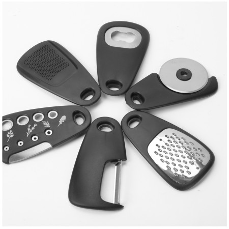 Set 6 in 1 mini ustensile bucatarie Cyrax, taietor pizza, cutit, curatator, razatoare, desfacator, presa usturoi, manere din ABS, lame ascutite din otel inoxidabil, 7.1 x 12.9 x 4.8 cm,  negru