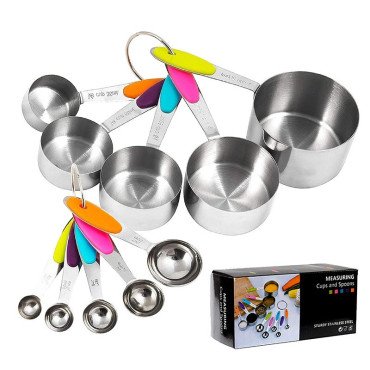Set 10 Piese de Masurare, Cyrax, 5 Linguri Gradate + 5 Cesti Gradate, Otel Inoxidabil + Silicon, 19 x 8 x 9 cm, Multicolor
