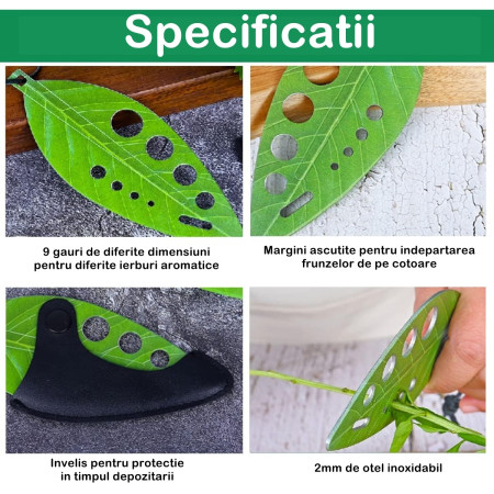 Tocator manual pentru ierburi Cyrax, instrument de curatat frunze, tocator, margini ascutie, 9 gauri de diferite dimensiuni, multifunctional, material otel inoxidabil, rezistent la rugina, 14 x 5.5 cm, verde