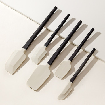 Set 5 Ustensile de Bucatarie, Cyrax, din Silicon si Lemn, Spatule de Diferite Dimensiuni, Termorezistente, Antiaderente, Alb-Negru