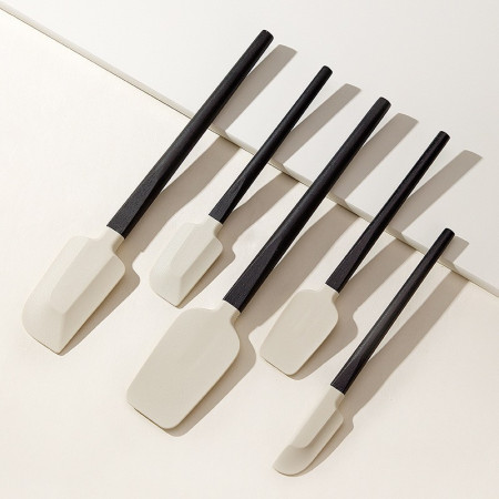 Set 5 Ustensile de Bucatarie, Cyrax, din Silicon si Lemn, Spatule de Diferite Dimensiuni, Termorezistente, Antiaderente, Alb-Negru