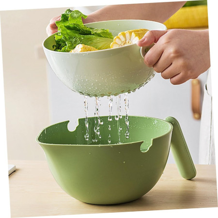 Bol cu Doua Straturi, Cyrax, pentru Fructe, Legume, cu Cos de Scurgere a Apei, 2L, din ABS+PP, 29.9 x 22.5 x 11.8 cm, Verde-Alb