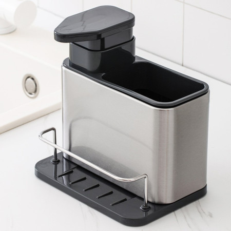 Dispenser Multifunctional, Cyrax, Dozator pentru Detergent, pentru Sapun Lichid, Dezinfectant, cu Suport pentru Ustensile, 18.5 x 18 x 12.8 cm Negru