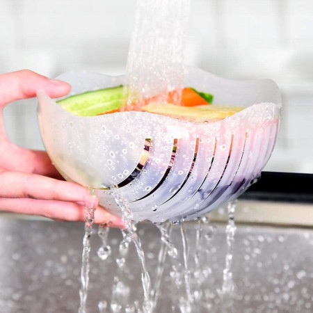 Bol Feliator pentru Salata, Cyrax, Castron Multifunctional pentru Legume si Fructe, pentru Spalat si Taiat Legumele, cu Scurgere si Tocator, Ergonomic, Protectie pentru Maini, 21x18.5x11.5 cm, Roz