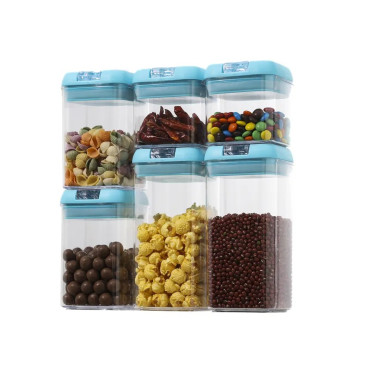 Set 6 Cutii de Depozitare Alimente, Cyrax, 2 x 500ml, 2 x 800ml, 2 x 1200ml, Capac Albastru, din PP+PET, Inchidere Ermetica, Transparent