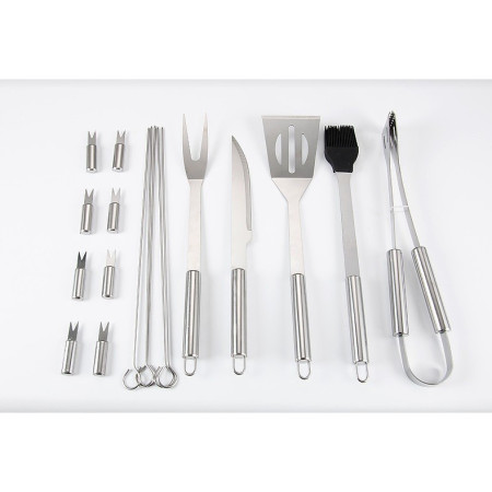 Set 18 Ustensile pentru Gratar, Cyrax, din Otel Inoxidabil, Geanta Oxford, Argintiu