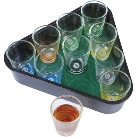 Set 10 pahare de shot Cyrax, cu Suport de Biliard, 30 ml, din sticla, 10 x 10 cm, multicolor