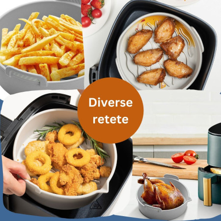 Set 2 tavi din silicon ecologic pentru air fryer Cyrax, temperatura maxima 230 grade, reutilizabile, reciclabile, cu manere anti-alunecare, fund antiaderent, 18.7 x 19.5 x 7 cm, gri