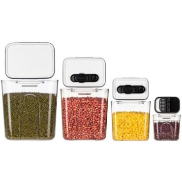 Set 4 Recipiente Depozitare Alimente,  Cyrax, pentru Organizare Bucatarie, cu Inchidere Ermetica, Transparent, Plastic fara BPA, Compatibile cu Masina de Spalat Vase, Diferite Dimensiuni, 350 ml, 1300 ml, 2700 ml, 4600 ml