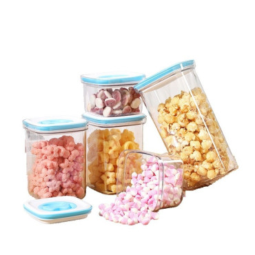 Set 5 Cutii de Depozitare pentru Bucatarie, Cyrax, 2 x 600ml, 2 x 1.3L, 1 x 2L, din ABS+PET+Silicon, Capac Alb/Albastru, 23 x 10 x 10 cm, Transparent