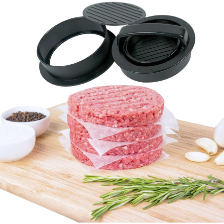 Cyrax Presa dubla pentru hamburgeri 2 in 1, forma si presa, doua dimensiuni, cu maner, usor de curatat si folosit, material ABS, 100 de foi hartie de copt incluse, 13x13.5x7 cm, fara lipire, neagra