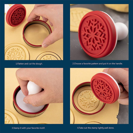 Set 6 stampile pentru prajituri Cyrax, tematica de Craciun, din silicon alimentar non-toxic, taietor aluat inclus, 6 cm,  maner din plastic, compact, usor de depozitat,