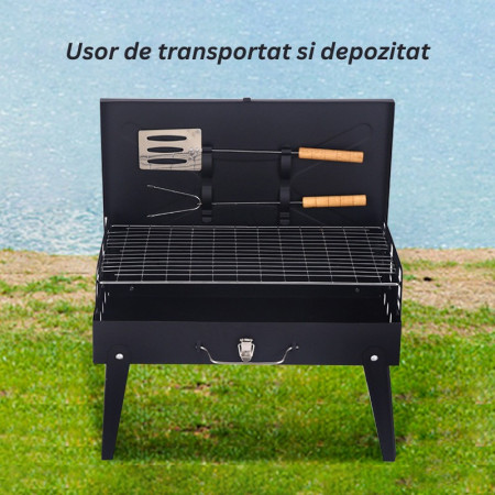 Gratar Portabil, Cyrax, Pliabil, Tip Servieta, cu Accesorii pentru Gatit Incluse, Confectionat din Metal, 46x43x26 cm, Negru