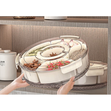 Cutie de Depozitare pentru Alimente, Cyrax, cu 6 Compartimente, pentru Condimente, Fructe, Legume, cu Manere de Prindere, Rotativa 360 de Grade, Inchidere Ermetica, 32x10 cm, Alba