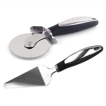 Feliator si Lopatica pentru Pizza, Cyrax, set din 2 ustensile, Otel Inoxidabil, Maner Antiderapant, 26.5 x 8 x 3 cm, Negru