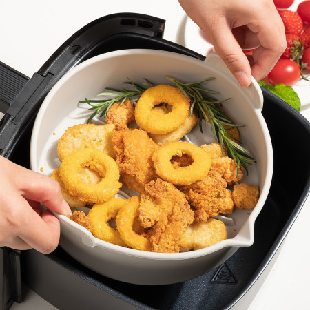 Set 2 tavi din silicon ecologic pentru air fryer Cyrax, temperatura maxima 230 grade, reutilizabile, reciclabile, cu manere anti-alunecare, fund antiaderent, 18.7 x 19.5 x 7 cm, gri