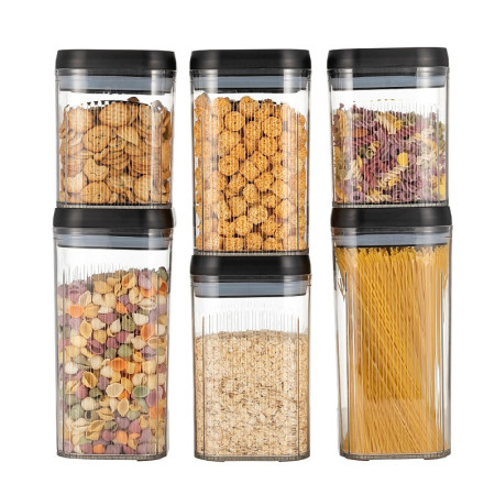 Cutii de Depozitare Alimente, Cyrax, Set din 6 Cutii de tip Container, Recipiente pentru Cereale in Bucatarie,  Transparente cu Capac Negru