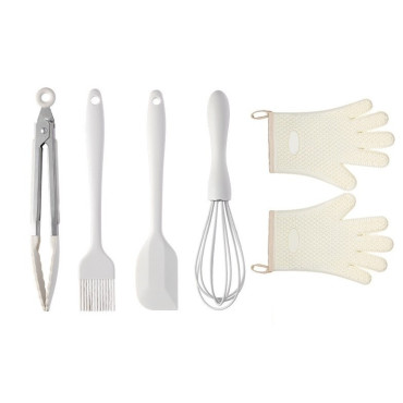 Set 5 Ustensile de Bucatarie, Cyrax, din Silicon+Inox, Termorezistente, Antiaderente, 28 x 26 x 2 cm, Alb Ivory