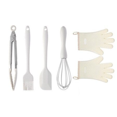 Set 5 Ustensile de Bucatarie, Cyrax, din Silicon+Inox, Termorezistente, Antiaderente, 28 x 26 x 2 cm, Alb Ivory