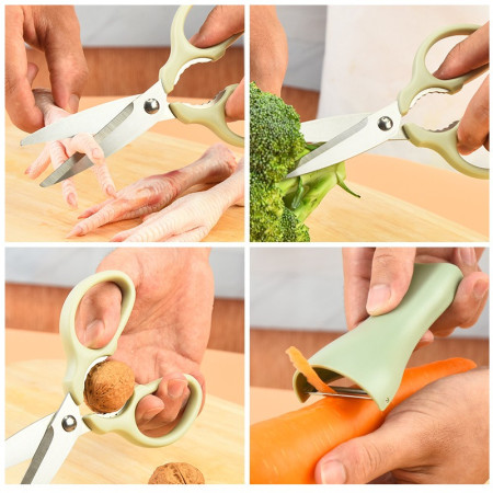 Set foarfeca pentru bucatarie Cyrax, curatator legume tip suport, multifunctional, spargator nuci, material ABS si otel inoxidabil, maner ergonomic, 16.8 x 7.8 x 1 cm, verde