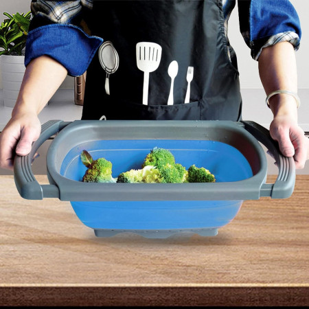 Cos de Scurgere Retractabil pentru Chiuveta, Cyrax, cu Filtru, pentru Fructe si Legume, de Uz Casnic, 39x12 cm, Design Extensibil pana la 61 cm, cu Manere de Prindere, Albastru