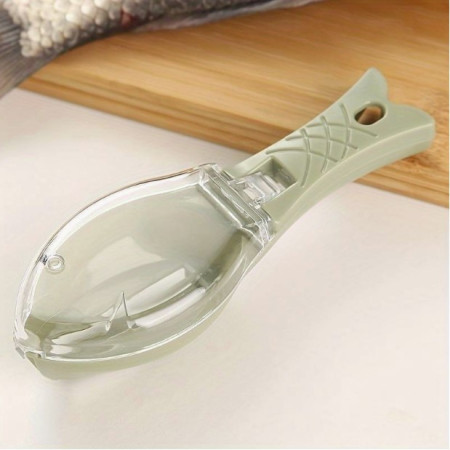 Curatator Manual Solzi de Peste, Cyrax, Forma Peste , Recipient cu Capcac pentru Solzi, Plastic, Verde deschis, 16x6 cm