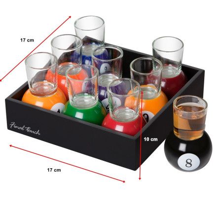 Set 9 pahare de shot Cyrax, cu suport tip bila de biliard, detasabil, 30 ml, din sticla, 17 x 17 x 10 cm, multicolor
