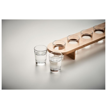 Set 6 Pahare Shot din Sticla Cyrax, cu Suport din Lemn, Design Rustic, 49.5 x 7 x 6.5 cm, Maro
