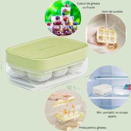 Forma pentru gheata cu presa Cyrax, din silicon alimentar, 6 cuburi, caserola pentru depozitare, usor de folosit si curatat, 10.5 x 7.5 x 4.1 cm, verde