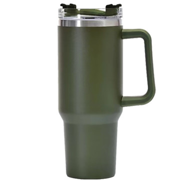 Cana Termos din Plastic, Cyrax, pentru Bauturi Calde si Reci, cu Maner, 9.9x9.9x27 cm, Verde Army