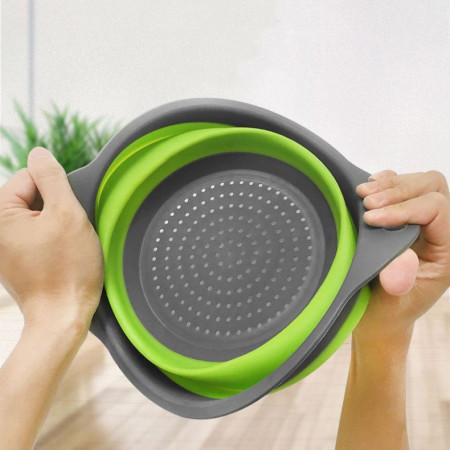 Set 2 strecuratori pliabile din silicon alimentar Cyrax, cu manere, fund antiaderent si antialunecare, rotunda, doua dimensiuni, usor de depozitat, compatibil cu masina de spalat vase, verde