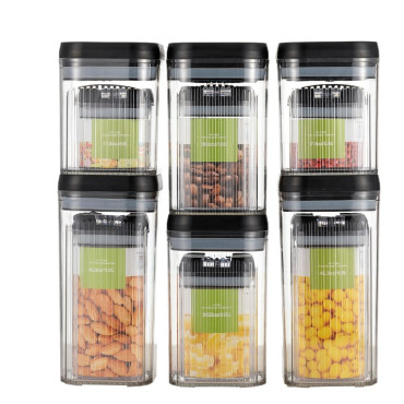 Cutii de Depozitare Alimente, Cyrax, Set din 12 Cutii de tip Container, Recipiente pentru Cereale in Bucatarie,  Transparente cu Capac Negru