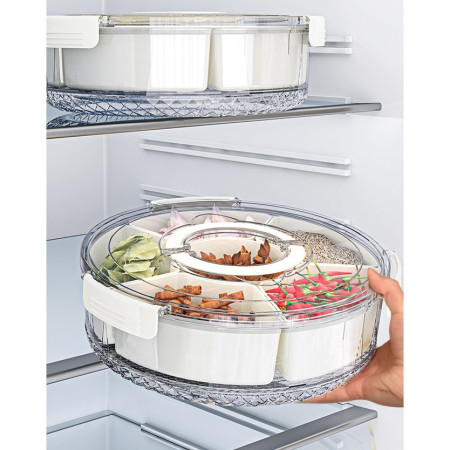 Cutie de Depozitare pentru Alimente, Cyrax, cu 6 Compartimente, pentru Condimente, Fructe, Legume, cu Manere de Prindere, Rotativa 360 de Grade, Inchidere Ermetica, 32x10 cm, Alba