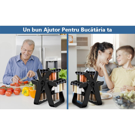 Suport Pentru Condimente Rotativ, Cyrax, Multifunctional, Pivotant 360°, Portabil, Usor de Montat, 34x23 cm, ABS/Sticla, Negru