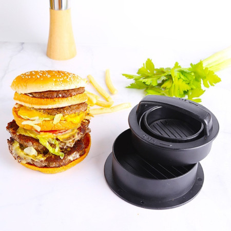 Cyrax Presa dubla pentru hamburgeri 2 in 1, forma si presa, doua dimensiuni, cu maner, usor de curatat si folosit, material ABS, 100 de foi hartie de copt incluse, 13x13.5x7 cm, fara lipire, neagra