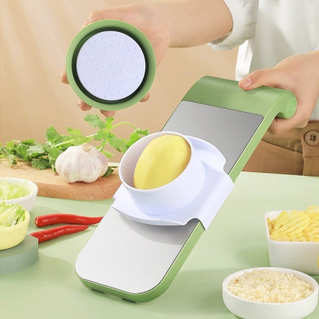 Set Multifunctional din 7 Piese, Cyrax, pentru Taierea si Maruntirea Legumelor, Uz Casnic,din Otel Inoxidabil, Gri-Verde