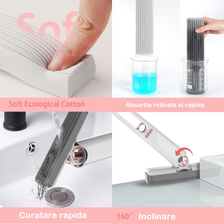 Mop de mana Cyrax, mini-portabil, cu sistem de stoarcere, dispozitiv de curatat manual, cu burete absorbant, material PVA, multisuprafete si geamuri, 29.5 x 15.5 cm, alb