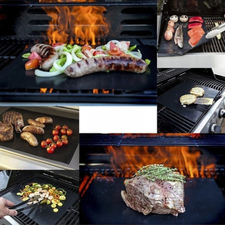 Set 4 Folii Antiaderente din Teflon, Cyrax, Multifunctionale, Rezistente la Apa si Temperaturi Ridicate, pentru Gratar, Cuptor, BBQ Grill, 40x33 cm, Negru