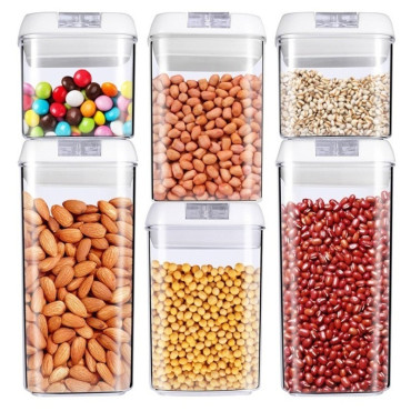 Set 6 Recipiente din Plastic, Cyrax, pentru Alimente/Obiecte, Inchidere Ermetica, 2 x 0.5l, 2 x 0.8l, 2 x 1.2l, Capac Alb, Transparent