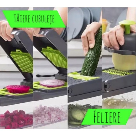 Feliator Multifunctional, Cyrax, Razatoare, 8 in 1, pentru Fructe si Legume, 10 Piese, Lame de Inox, Recipient Stocare, Separator Oua, Protectie Mana, ABS, 32.2x11.3 cm, Verde/Gri