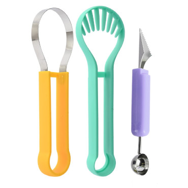 Ustensila bucatarie 4 in 1 pentru taiat si decorat fructe Cyrax, material inox si plastic, compact, 28x6.2 cm, multicolor