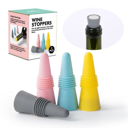 Set 4 dopuri reutilizabile din silicon Cyrax, pentru sticle de vin, bautura, multicolor