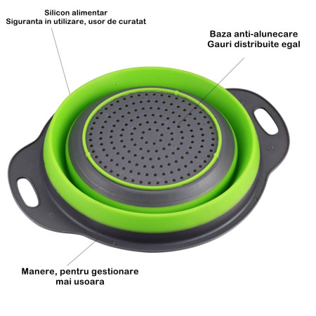 Set 2 strecuratori pliabile din silicon alimentar Cyrax, cu manere, fund antiaderent si antialunecare, rotunda, doua dimensiuni, usor de depozitat, compatibil cu masina de spalat vase, verde