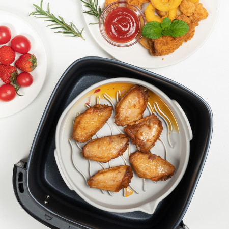 Set 2 tavi din silicon ecologic pentru air fryer Cyrax, temperatura maxima 230 grade, reutilizabile, reciclabile, cu manere anti-alunecare, fund antiaderent, 18.7 x 19.5 x 7 cm, gri