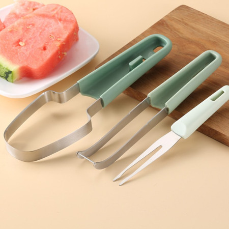 Taietor Decojitor pentru Pepene, Cyrax, pentru Legume si Fructe, Multifunctional, Set din 3 Parti, Otel Inoxidabil si Plastic PP, 22.5 x 7 cm Verde