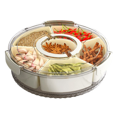 Cutie de Depozitare pentru Alimente, Cyrax, cu 6 Compartimente, pentru Condimente, Fructe, Legume, cu Manere de Prindere, Rotativa 360 de Grade, Inchidere Ermetica, 32x8 cm, Alba