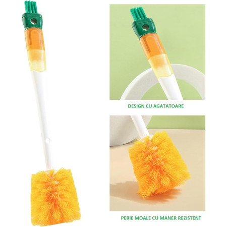Perie 5 in 1 de Curatat Pahare, Cani, Sticle, Cyrax, cu Maner Lung, Accesorii pentru Spalarea Paielor si Capacelor, Usor de Agatat, 36x7x7cm, Portocaliu-Alb