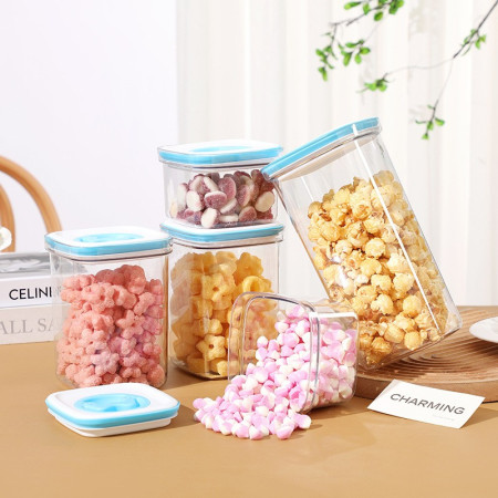 Cutie de Depozitare pentru Bucatarie, Cyrax, 1.3L, din ABS+PET+Silicon, Capac Alb/Albastru, 11.5 x 15 x 8 cm, Transparent