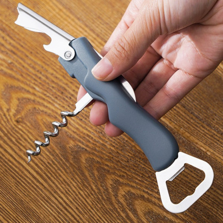 Tirbuson de Sticle 4 in 1, Cyrax, Desfacator de Sticle Multifunctional, din Inox cu Maner Anti Alunecare, 13.5 x 4 cm Albastru